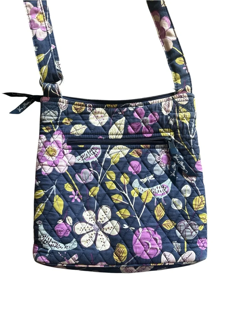 Vera Bradley Navy Quilted Floral and Bird Crossbody with Pink & Yellow Accents